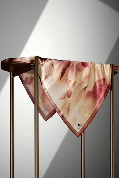 %100 Twill İpek Yaprak Desenli Bordo Renkli 90x90 Eşarp Dikim Şekli : El Dikişi - Resim 4