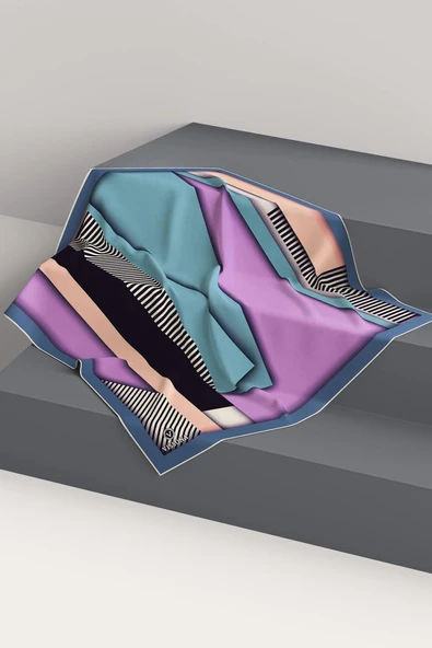 %100 Twill Renk Bloklu Çizgili Desenli Lila - İndigo Renkli 90x90 Eşarp Dikim Şekli: El Dikişii - Resim 6