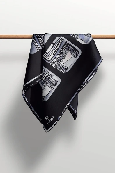 %100 Twill İpek Geometrik Kare Desenli Siyah - Beyaz Renkli 90x90 Eşarp Dikim Şekli : El Dikişi - Resim 4