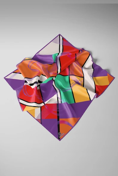 %100 Twill İpek Geometrik Desenli Mor - Kırmızı Renkli 90x90 Eşarp Dikim Şekli : El Dikişi - Resim 3