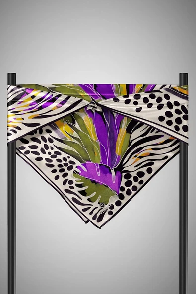 %100 Twill İpek Amazon Desenli Haki Yeşili - Mor Renkli 90x90 Eşarp Kenar Dikiş Şekli El Dikişli - Resim 6