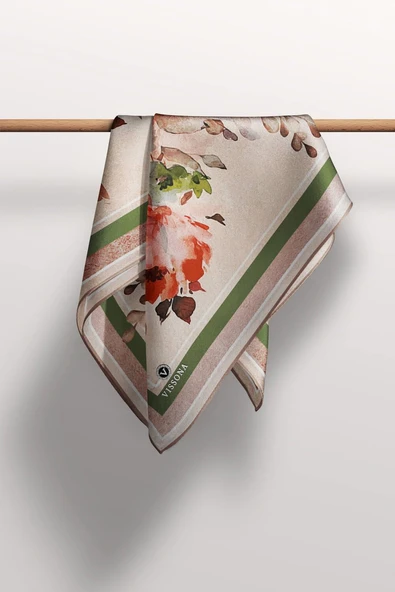 %100 Twill İpek Bahar Çiçekleri Desenli Narçiçeği - Haki Renkli 90x90 Eşarp Dikim Şekli : El Dikişi - Resim 5