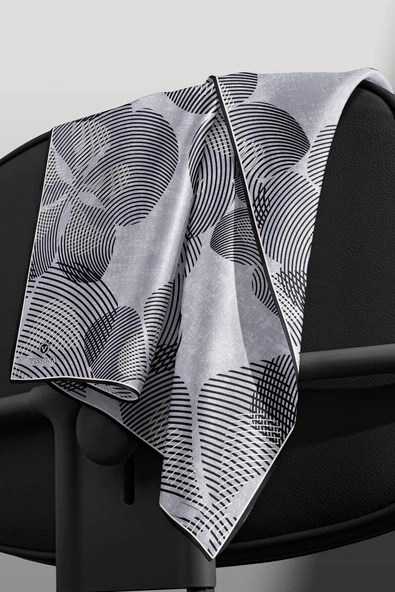 %100 Twill İpek Çizgili Çiçek Desenli Siyah - Gri Renkli 90x90 Eşarp Dikim Şekli : El Dikişi - Resim 6