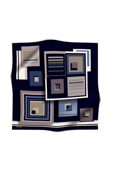 %100 Twill İpek Kare Desenli Lacivert - Vizon Renkli 90x90 Eşarp Kenar Dikiş Şekli El Dikişli - Resim 2