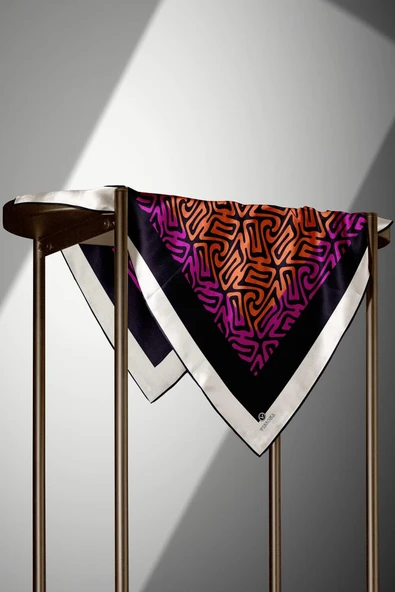 100% Twill İpek Bordürlü Dalga Desenli Fuşya - Turuncu Renkli 90x90 Dikim Şekli : El Dikişi Eşarp - Resim 6