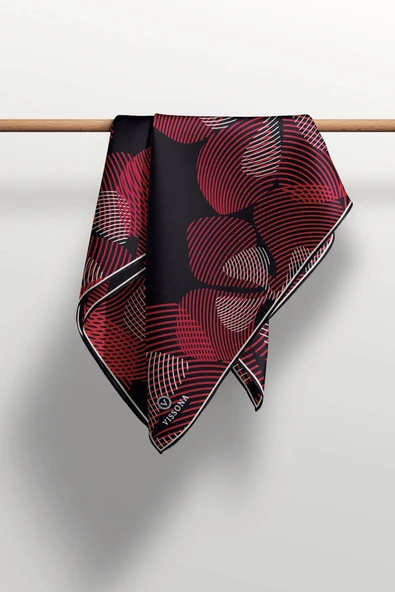 %100 Twill İpek Çizgili Çiçek Desenli Siyah - Bordo Renkli 90x90 Eşarp Dikim Şekli : El Dikişi - Resim 5