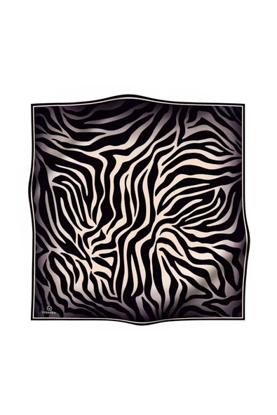%100 Twill İpek Zebra Desenli Krem - Siyah Renkli 90x90 Eşarp Dikim Şekli : El Dikişi - Resim 2