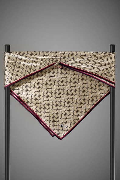 %100 Twill İpek Geometrik Desenli Siyah - Bej Renkli 90x90 Eşarp Dikim Şekli : El Dikişi - Resim 6