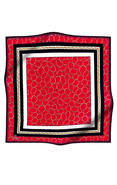 %100 Twill İpek Zincir Desenli Kırmızı - Siyah Renkli 90x90 Eşarp Kenar Dikiş Şekli El Dikişli - Resim 2