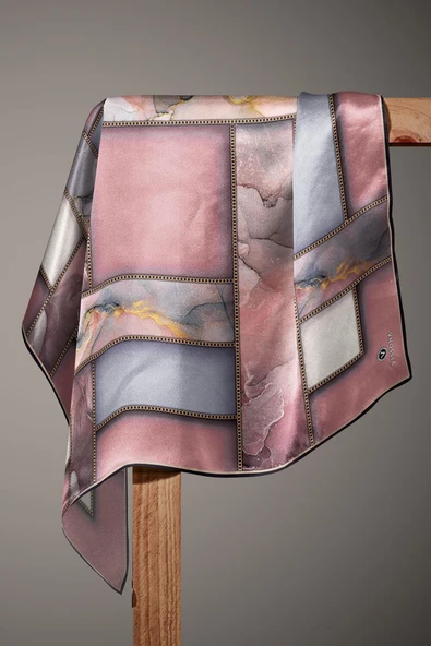 %100 Twill İpek Efektli Bant Desenli Pudra - Gri Renkli 90x90 Eşarp Dikim Şekli : El Dikişi - Resim 5