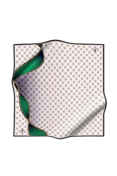 %100 Twill İpek Zincirli Ve Monogram Desenli Krem - Zümrüt Yeşili Renkli 90x90 Eşarp Dikim Şekli : El Dikişi - Resim 2