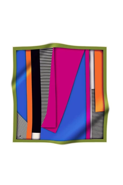 %100 Twill Renk Bloklu Çizgili Desenli Fuşya - Saks Renkli 90x90 Eşarp Dikim Şekli: El Dikişii - Resim 2