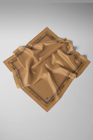 %100 Twill İpek Bordürü Leoparlı Düz Desenli Gold - Gold Renkli 90x90 Eşarp Dikim Şekli : El Dikişi - Resim 3