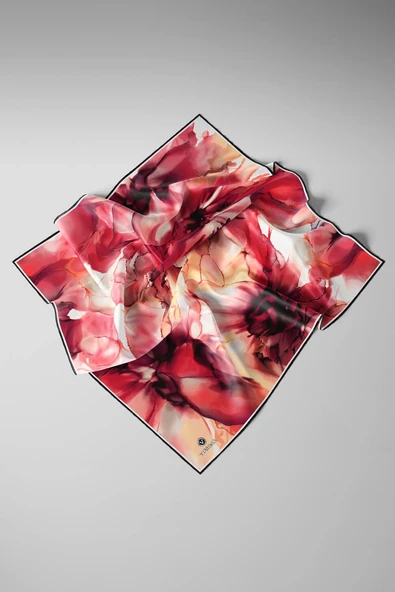 %100 Twill İpek Batik Çiçek Desenli Bordo - Hardal Renkli 90x90 Eşarp - Resim 4