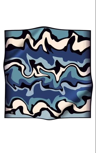 100% Twill İpek Dalga Desenli İndigo - Petrol Mavisi Renkli 90x90 Dikim Şekli : El Dikişi Eşarp - Resim 2