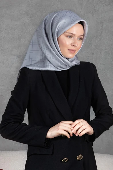 %100 Twill İpek Çizgi Desenli Gri Renkli 90x90 Eşarp Dikim Şekli : El Dikişi ürün görseli 1