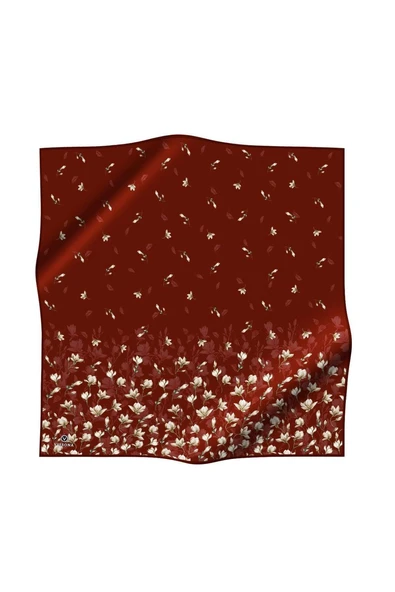 % 57 İPEK % 43 VİSKON Twill İpek Çiçek Desenli Bordo Renkli 90x90 Eşarp Dikim Şekli : El Dikişi ürün görseli