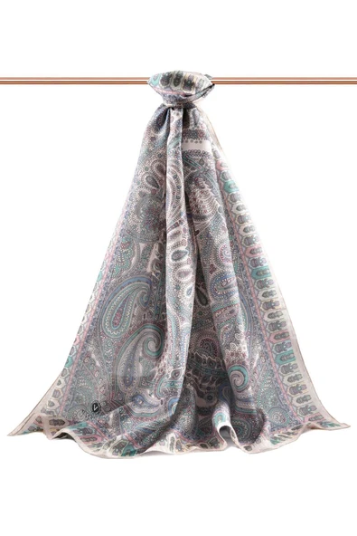 100% İPEK ETRO DESENLİ PUDRA RENKLİ ŞAL - Resim 2