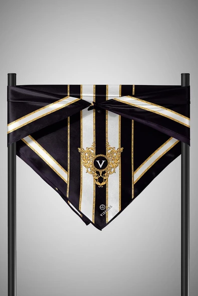 %100 Twill İpek Barok Ve Şerit Desenli Siyah - Krem Renkli 90x90 Eşarp Dikim Şekli : El Dikişi - Resim 3