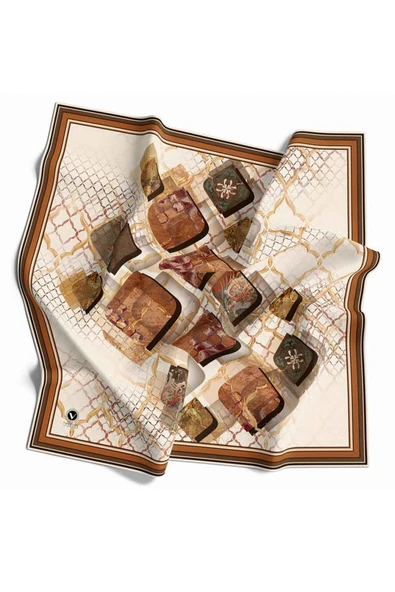 Kristal Geometrik Taş Desenli Krem - Taba Renkli 90x90 Eşarp (İpek İçermez) Dikim Şekli : El Dikişi ürün görseli