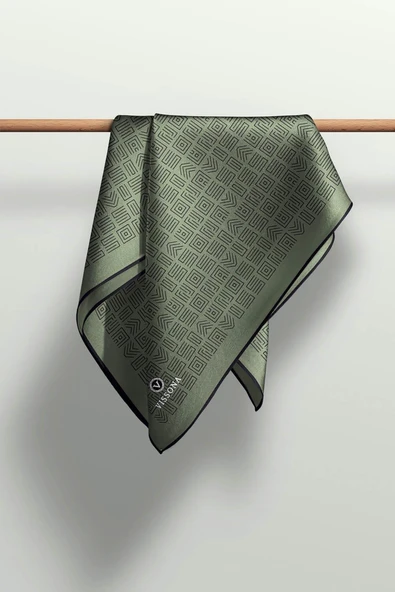 %57 İPEK %43 VİSKON Twill İpek Etnik Motif Desenli Haki - Siyah Renkli 90x90 Eşarp Dikim Şekli : El Dikişi - Resim 5