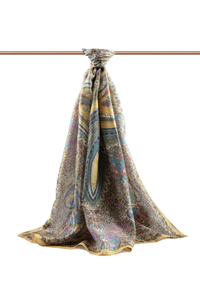 100% İpek Etro Desenli Gold - Mor Renkli 92x210 Şal - Resim 2