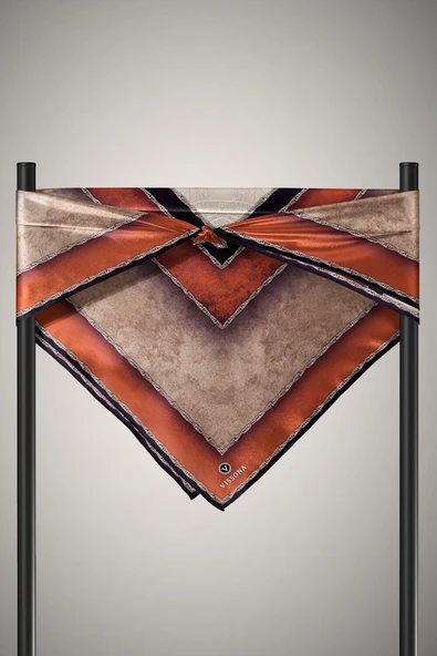 % 57 İPEK % 43 VİSKON Twill İpek Dokulu Geometrik Desenli Taba - Bej Renkli 90x90 Eşarp Dikim Şekli : El Dikişi - Resim 5