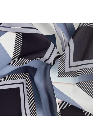 %100 Twill İpek Zebra Desenli İndigo - Siyah Renkli 90x90 Eşarp Dikim Şekli : El Dikişi - Resim 6