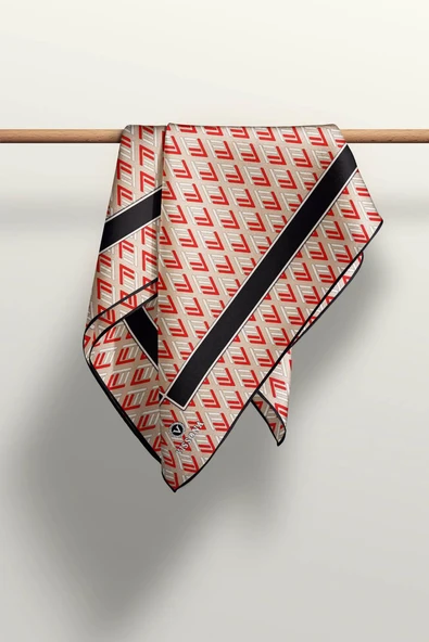 %100 Twill İpek Geometrik Desenli Bej - Kırmızı Renkli 90x90 Eşarp Dikim Şekli : El Dikişi - Resim 5