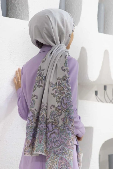 %100 İpek Etnik Desenli Gümüş Renkli 92x210 Şal ürün görseli