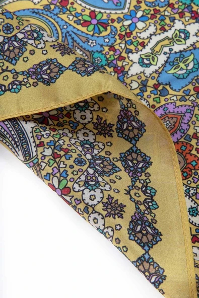 100% İpek Etro Desenli Gold - Mor Renkli 92x210 Şal - Resim 4