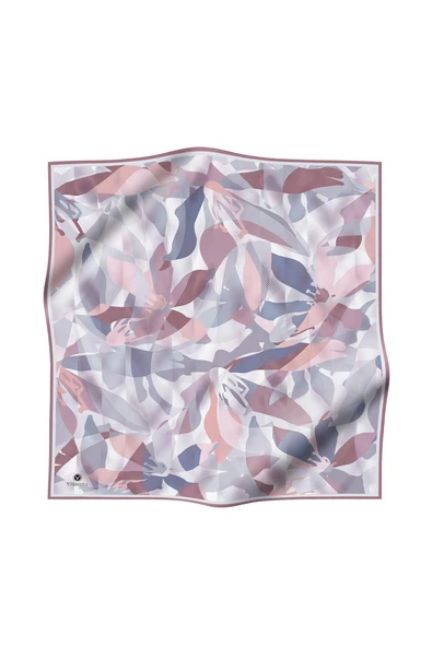 %100 Twill İpek Çiçek Desenli Pudra - Bebe Mavisi Renkli 90x90 Eşarp Dikim Şekli : El Dikişi - Resim 2