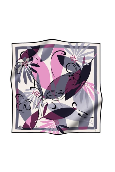 %100 Twill İpek Çiçek Desenli Gri - Siyah Renkli 90x90 Eşarp Dikim Şekli : El Dikişi - Resim 2