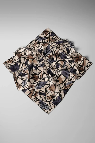 %100 Twill Renkli Petek Desenli Bej - Gri Renkli 90x90 Eşarp Dikim Şekli: El Dikişii - Resim 3