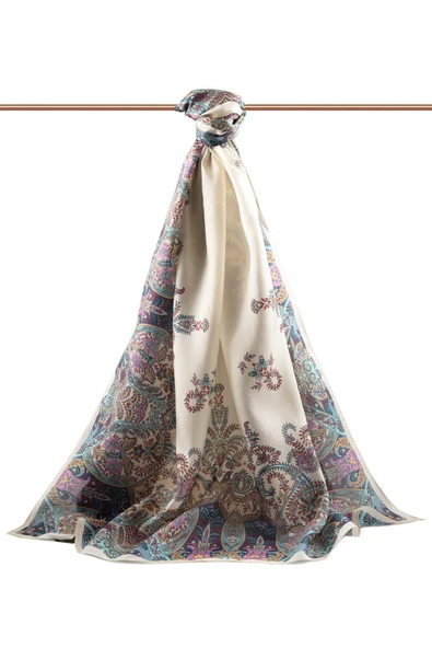 %100 İpek Etnik Desenli Krem - Mint Yeşili Renkli 92x210 Şal - Resim 2