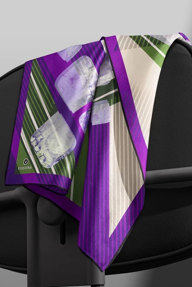 %100 Twill İpek Geometrik Desenli Mor - Haki Renkli 90x90 Eşarp Dikim Şekli : El Dikişi - Resim 3