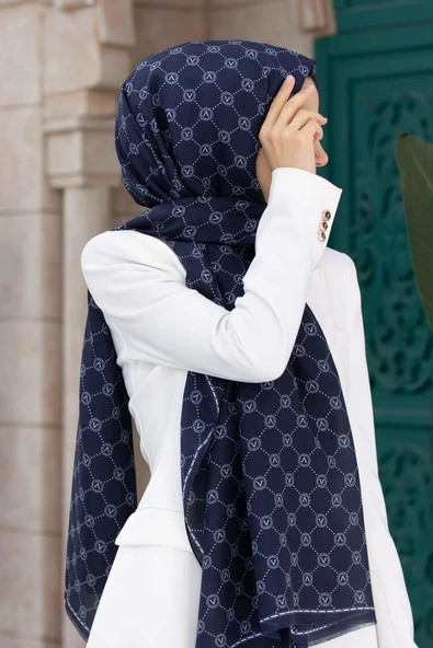 % 100 İpek V Logo Desenli Lacivert Renkli 90x210 Şal ürün görseli