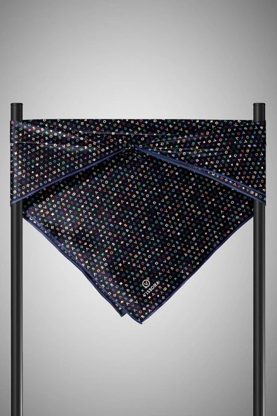 %100 Twill İpek Çıtır Motif Desenli Siyah - İndigo Renkli 90x90 Eşarp Dikim Şekli : El Dikişi - Resim 3
