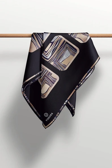 %100 Twill İpek Geometrik Kare Desenli Siyah - Gri Renkli 90x90 Eşarp Dikim Şekli : El Dikişi - Resim 4