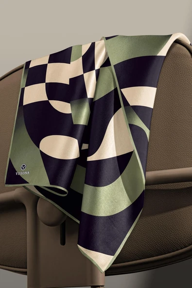 %100 Twill İpek Geometrik Desenli Haki Renkli 90x90 Eşarp Dikim Şekli : El Dikişi - Resim 3