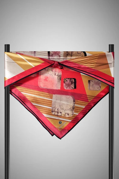 %100 Twill İpek Geometrik Desenli Bordo Renkli 90x90 Eşarp Dikim Şekli : El Dikişi - Resim 4