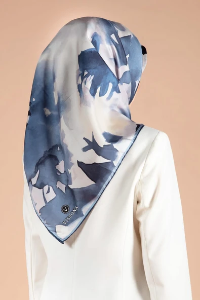 %100 Twill İpek Yaprak Desenli İndigo Mavisi - Lacivert Renkli 90x90 Eşarp Dikim Şekli : El Dikişi - Resim 5