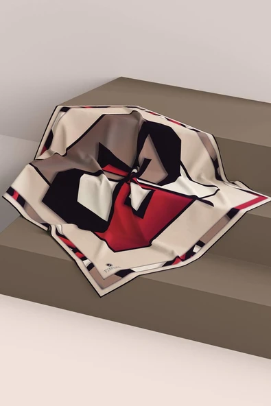 %100 Twill İpek Geometrik Desenli Bordo - Vizon Renkli 90x90 Eşarp Dikim Şekli : El Dikişi - Resim 6