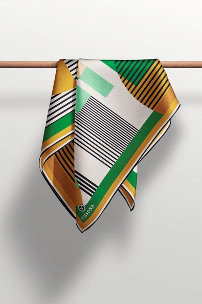 100% Twill İpek Geometrik Desenli Zümrüt Yeşili - Hardal Renkli 90x90 Dikim Şekli : El Dikişi Eşarp - Resim 6