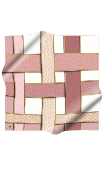 %100 Twill İpek Geometrik Desenli Bej - Pudra Renkli 90x90 Eşarp Dikim Şekli : El Dikişi - Resim 2