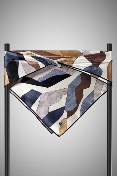 %100 Twill İpek Geometrik Desenli Bej - Gri Renkli 90x90 Eşarp Dikim Şekli : El Dikişi - Resim 3