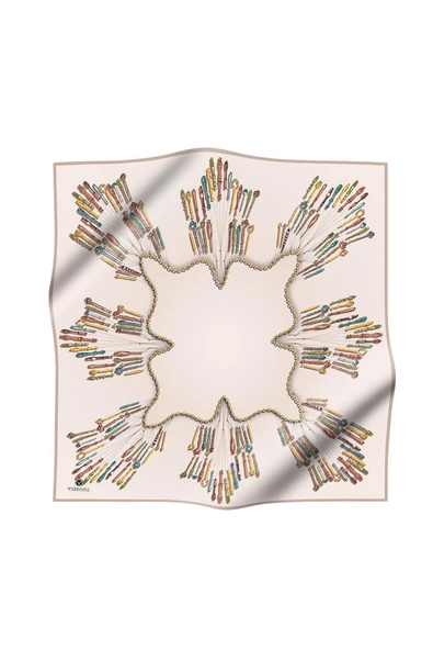 %100 Twill İpek Zincir Desenli Krem Renkli 90x90 Eşarp Dikim Şekli : El Dikişi - Resim 2