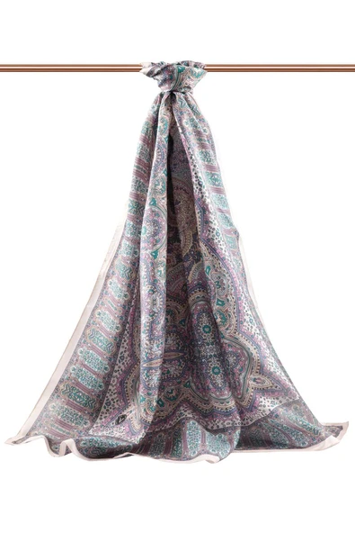 100% İpek Etnik Desenli Pudra - Gül Kurusu Renkli 92x210 Şal - Resim 2