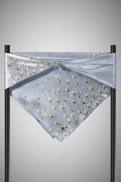 % 57 İPEK % 43 VİSKON Twill İpek Çiçek Desenli Bebe Mavisi Renkli 90x90 Eşarp Dikim Şekli : El Dikişi - Resim 6