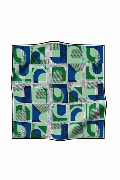 %100 Twill İpek Geometri Desenli Saks - Zümrüt Yeşili Renkli 90x90 Eşarp Kenar Dikiş Şekli El Dikişli - Resim 2